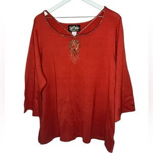 NEW Bob Mackie Wearable Art Beaded Neck Cutout Sweater Artsy Mature Orange 2X